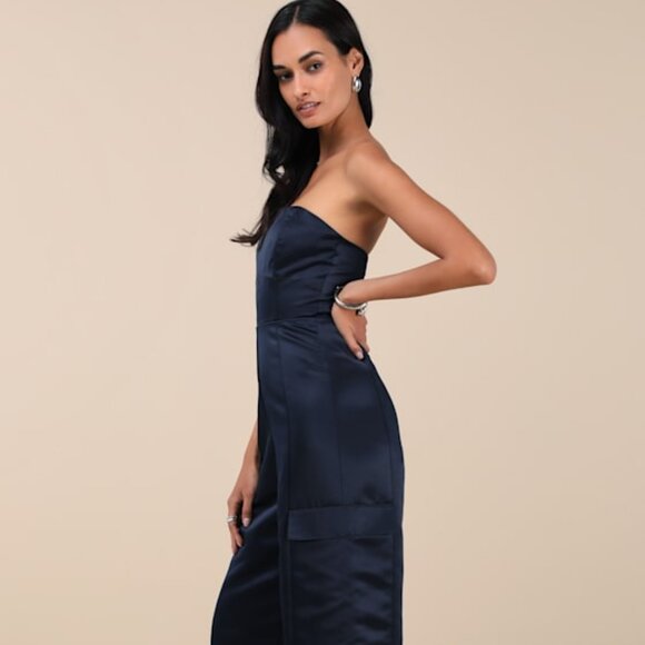 Lulus Pants - Lulus Chicest Trend Midnight Blue Satin Cargo Jumpsuit - Size M